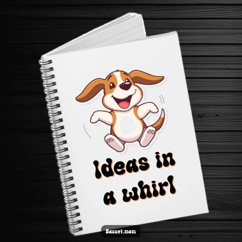 Funny Basset Hound notebook, a dog spinning with joy, ideal for journaling happy thoughts, a motivational stationery gift.