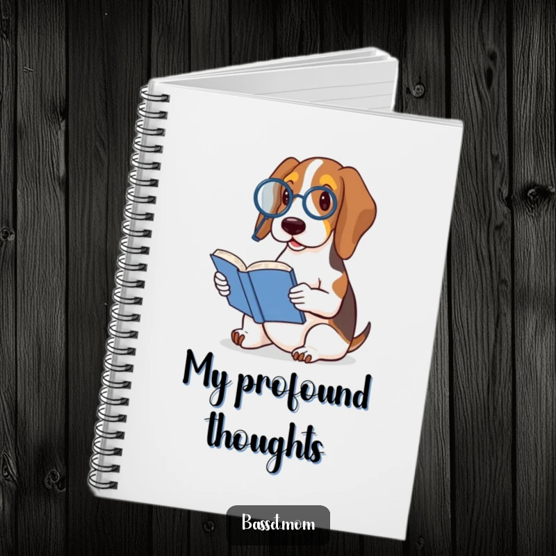 Funny Basset Hound notebook cover featuring a dog wearing a monocle and reading, exuding intellectual humor for note-taking.