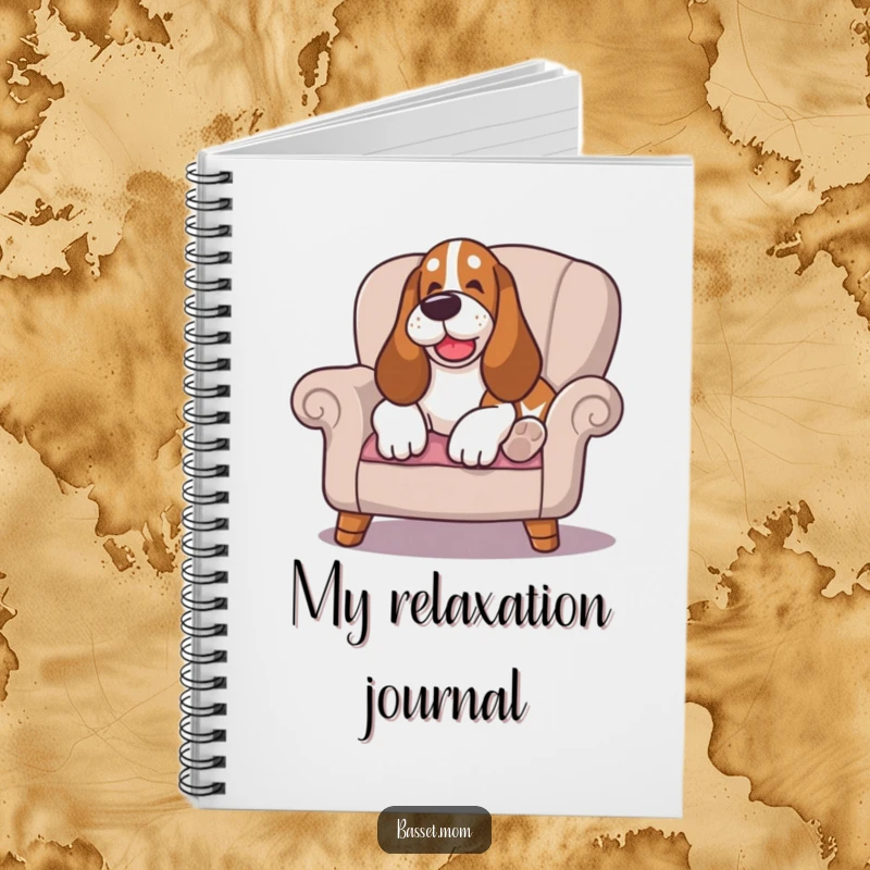 Funny Basset Hound notebook, happy sigh, lounging on a cushioned chair, a delightful companion for all your calm writing needs.