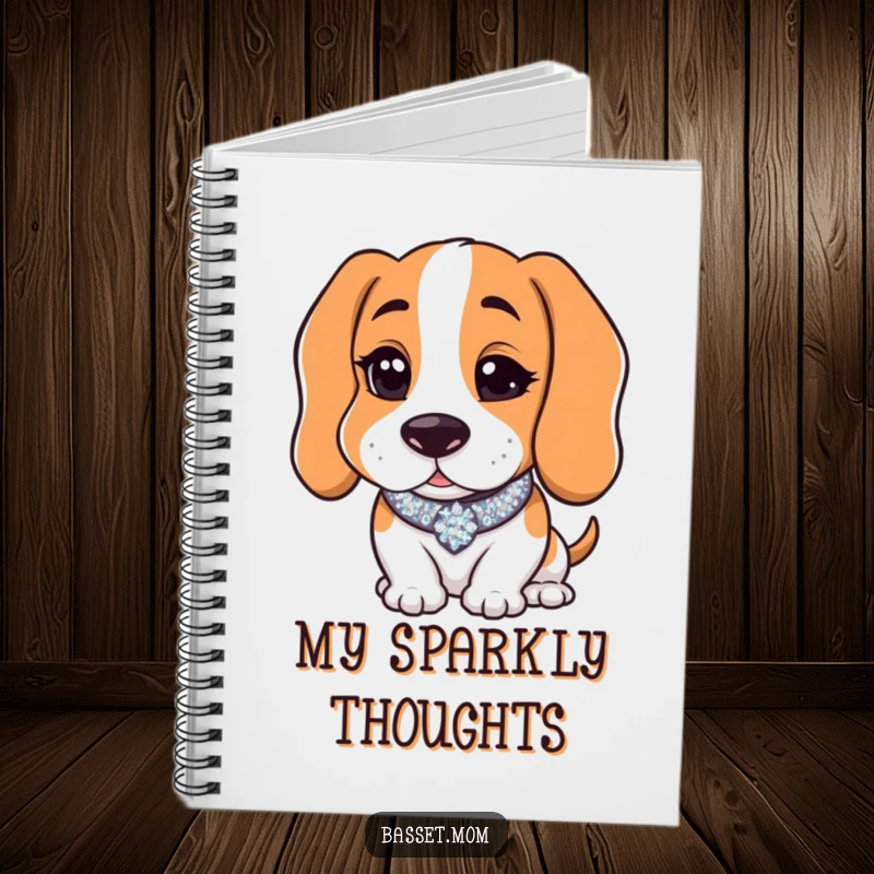 Funny Basset Hound with a sparkly collar winking charmingly, featured on a notebook cover, inspiring humorous notes and playful thoughts.