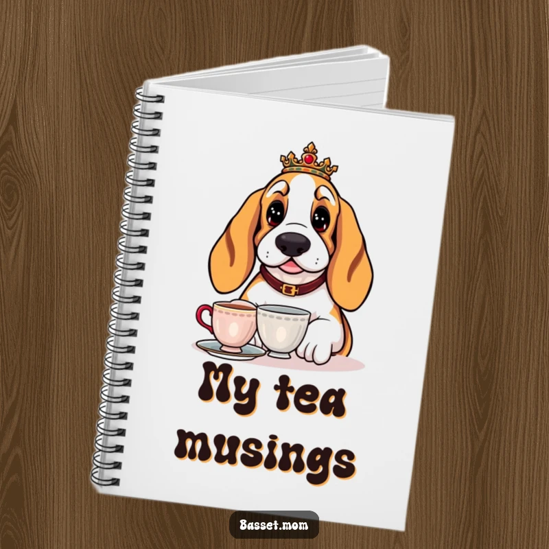 Funny Basset Hound notebook with a regal dog enjoying a cup of tea, perfect for jotting down refined thoughts.