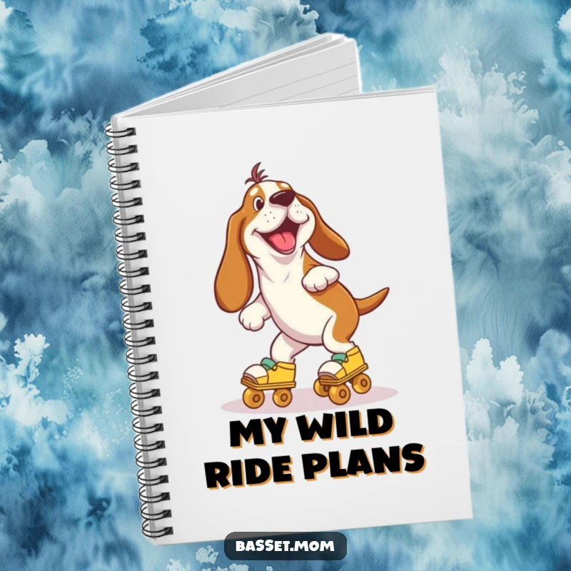 Funny Basset Hound joyfully wobbling on roller skates, perfect for jotting down ideas with energetic, humorous flair in this notebook.
