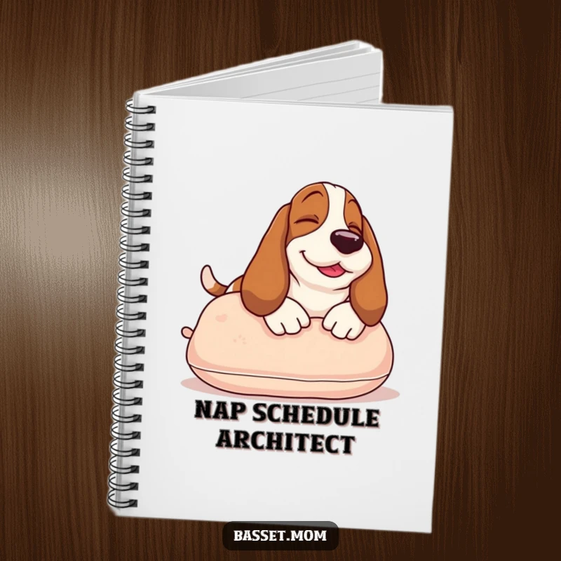 Funny Basset Hound notebook with a smiling dog sunbathing on a pillow, ideal for jotting down notes with a touch of humor.