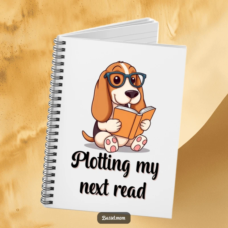 Funny Basset Hound notebook, a dog reading a book with glasses, ideal for writing notes or story ideas, a scholarly stationery gift.