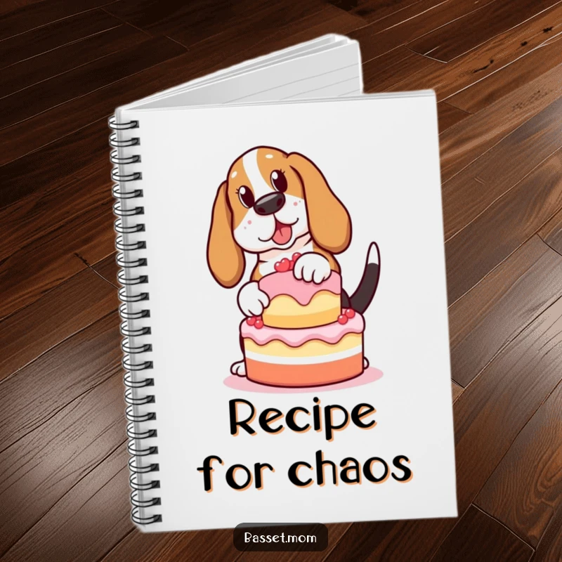 Funny Basset Hound notebook, a dog balancing a cake, ideal for jotting down notes or ideas, a humorous stationery gift.