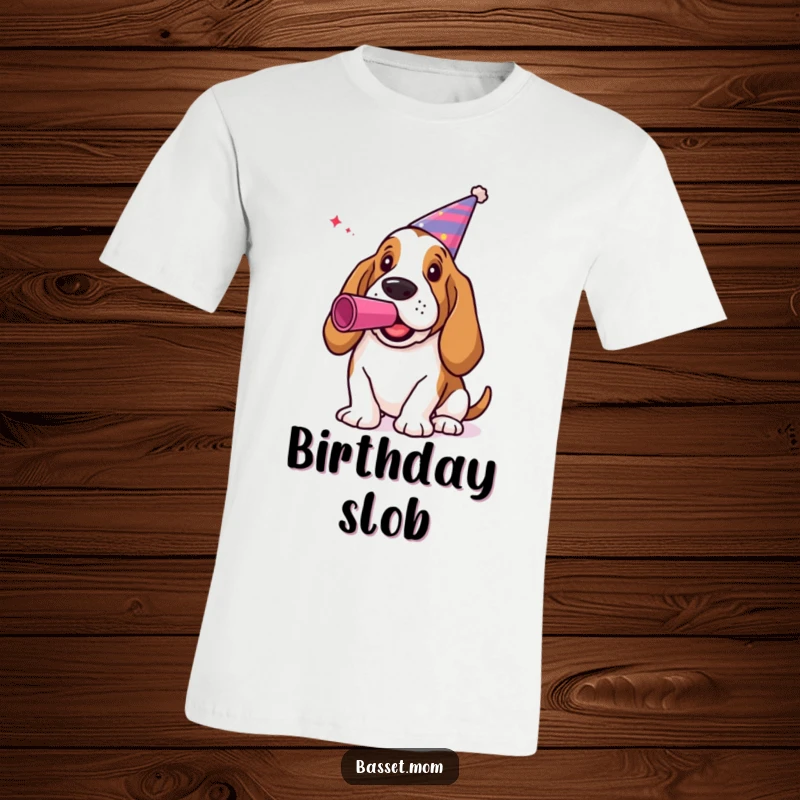 Funny Basset Hound T-Shirt: A dog in a party hat playfully blowing a noisemaker, festive and fun.