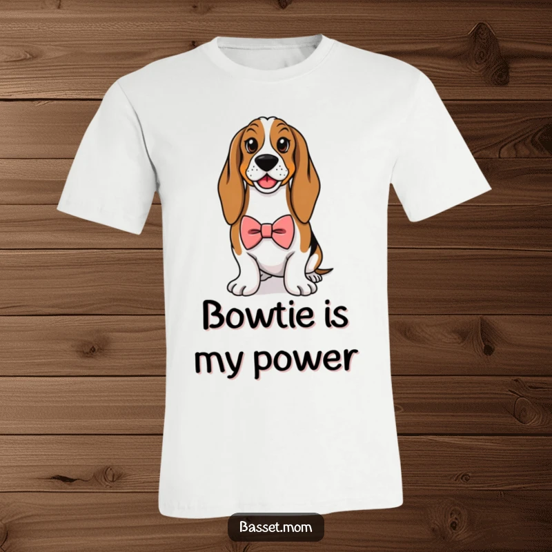 Funny Basset Hound t-shirt, depicting a dog wearing a small bowtie with a proud and distinguished expression.