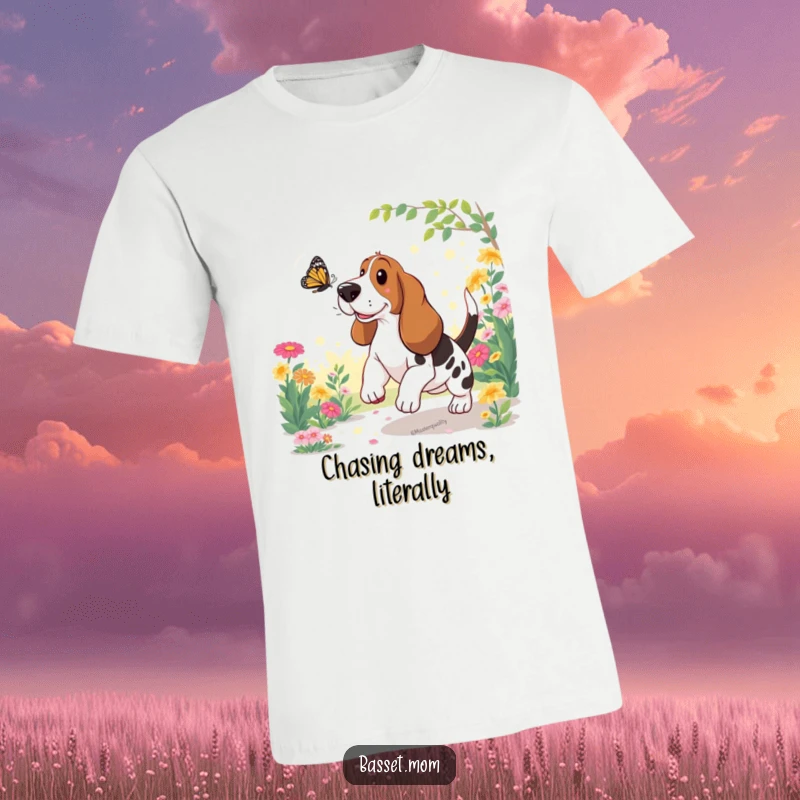 Funny Basset Hound T-Shirt: A happy dog playfully chases a butterfly in a sunlit garden, showcasing pure delight.