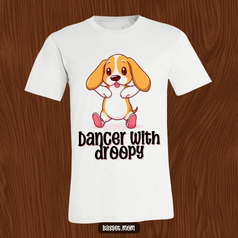 Funny Basset Hound in ballet slippers, striking a pose, humorous animal t-shirt, gift for dancers.