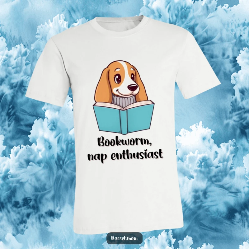 Funny Basset Hound t-shirt, a dog wearing a cozy knitted sweater, peeking over a book, suggesting a secret love for reading.