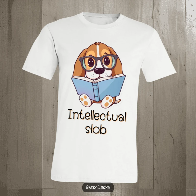 Funny Basset Hound T-Shirt: A dog with oversized glasses deeply engrossed in a colorful book.