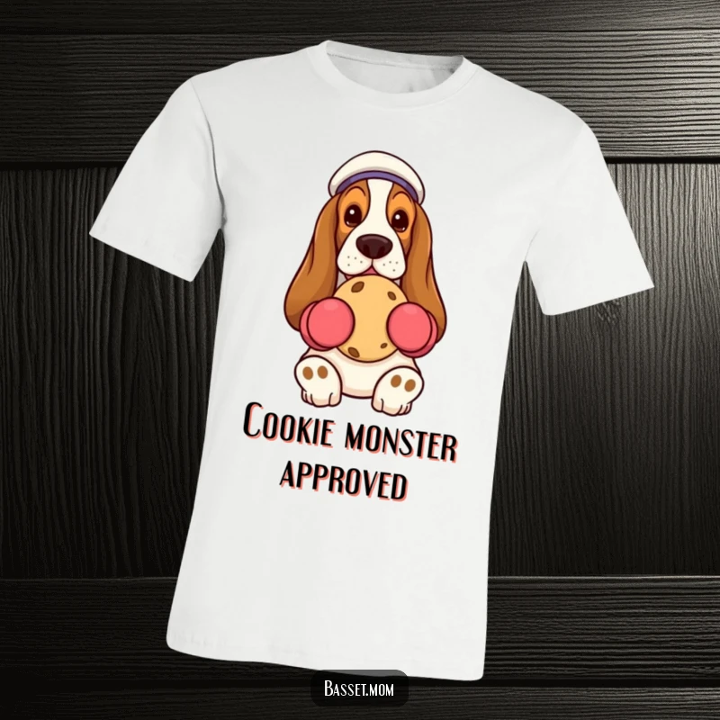 Funny Basset Hound in oven mitts, holding a cookie, humorous animal t-shirt, gift for dog lovers.