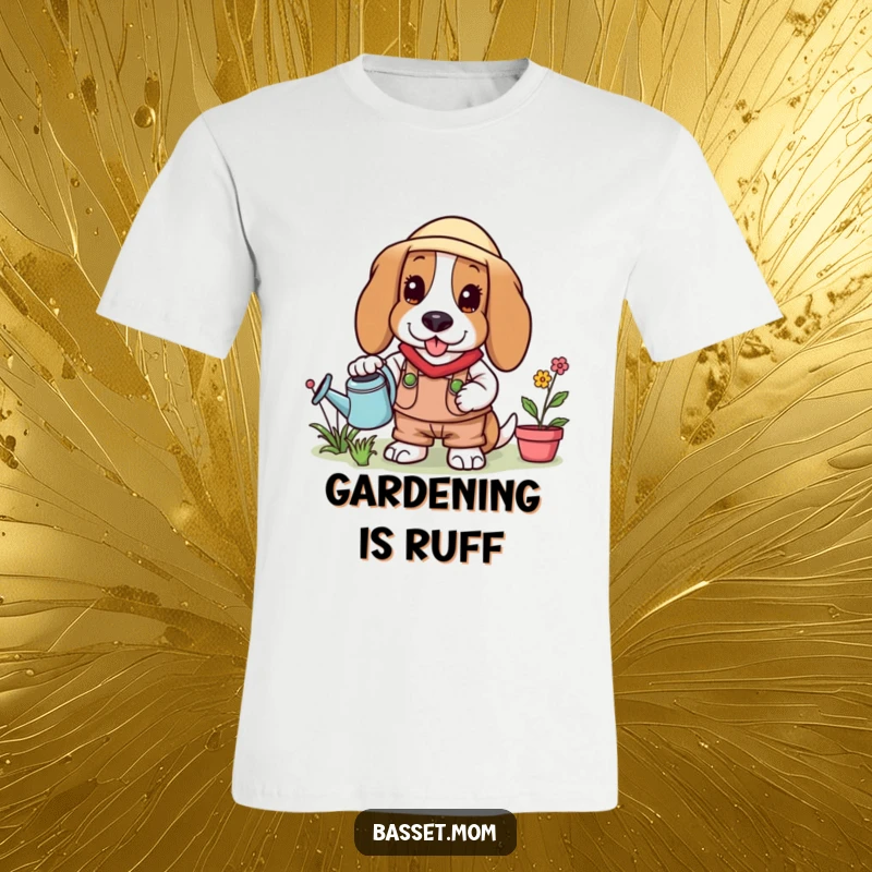 Funny Basset Hound dressed as a gardener, holding a watering can, ready to tend to plants on a t-shirt.