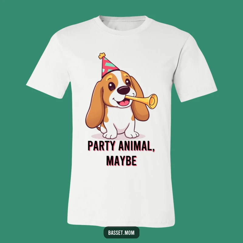 Funny Basset Hound Party Time T-Shirt - Comical Dog Gift with Party Hat & Trumpet