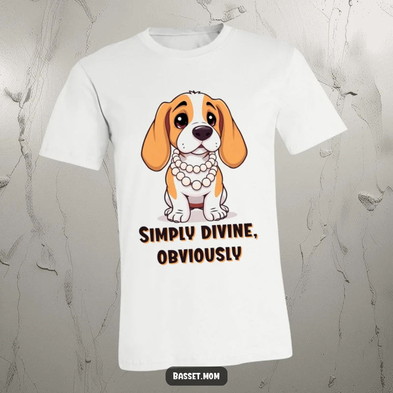 Funny Basset Hound t-shirt, a dog wearing pearls, posing dramatically and exuding confidence.