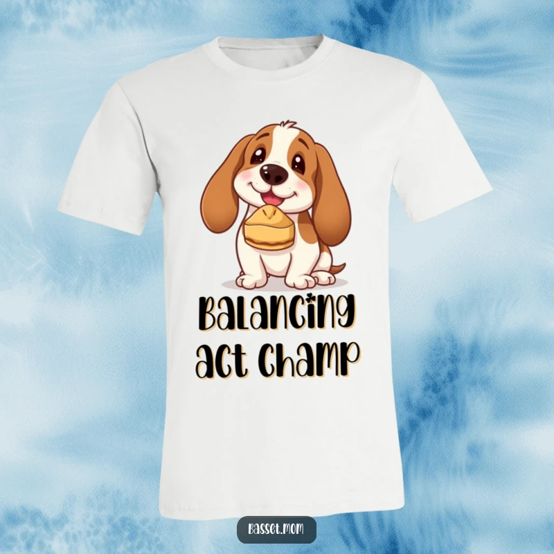 Funny Basset Hound t-shirt illustration of a happy dog with its tongue out, skillfully balancing a small pie on its nose, looking utterly delighted.