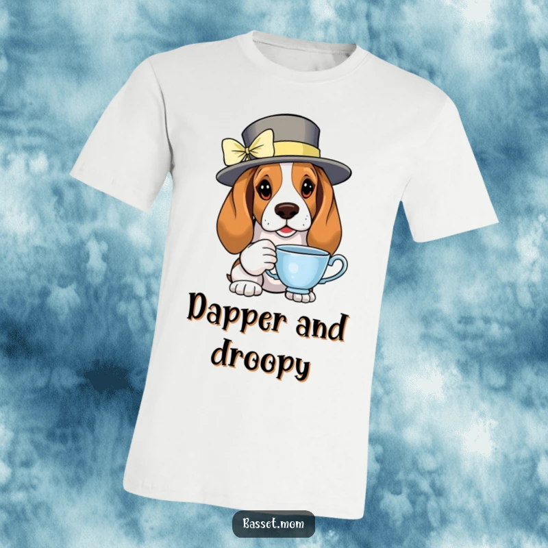 Funny Basset Hound in a fancy hat, daintily holding a teacup, looking refined on a stylish t-shirt.
