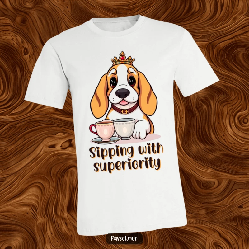Funny Basset Hound t-shirt showing a dog with a regal expression, enjoying a cup of tea, embodying sophisticated relaxation.