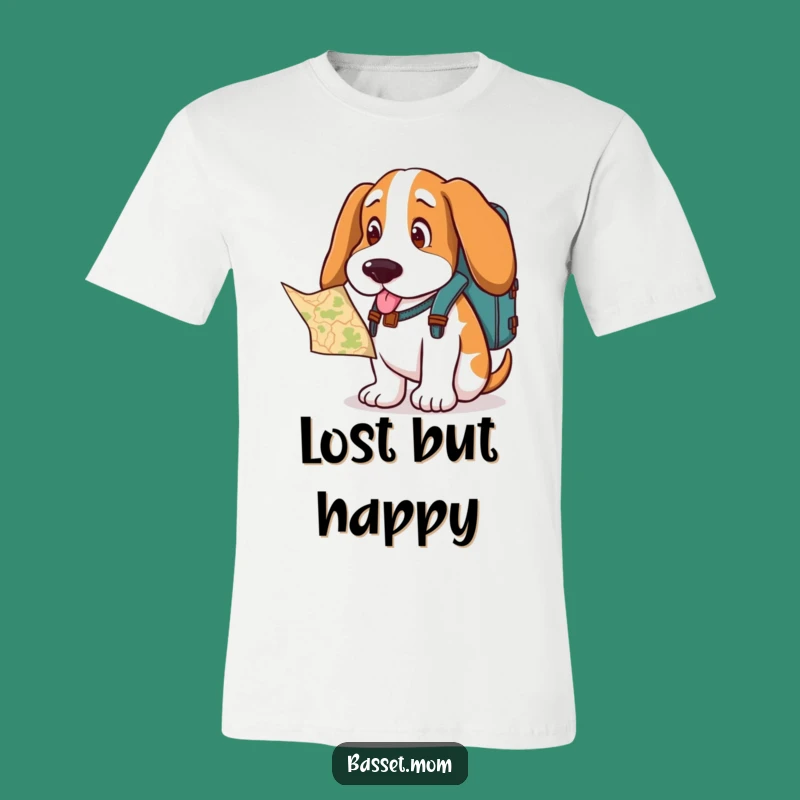 Funny Basset Hound Wanderer T-Shirt - Comical Dog Gift with Backpack & Map