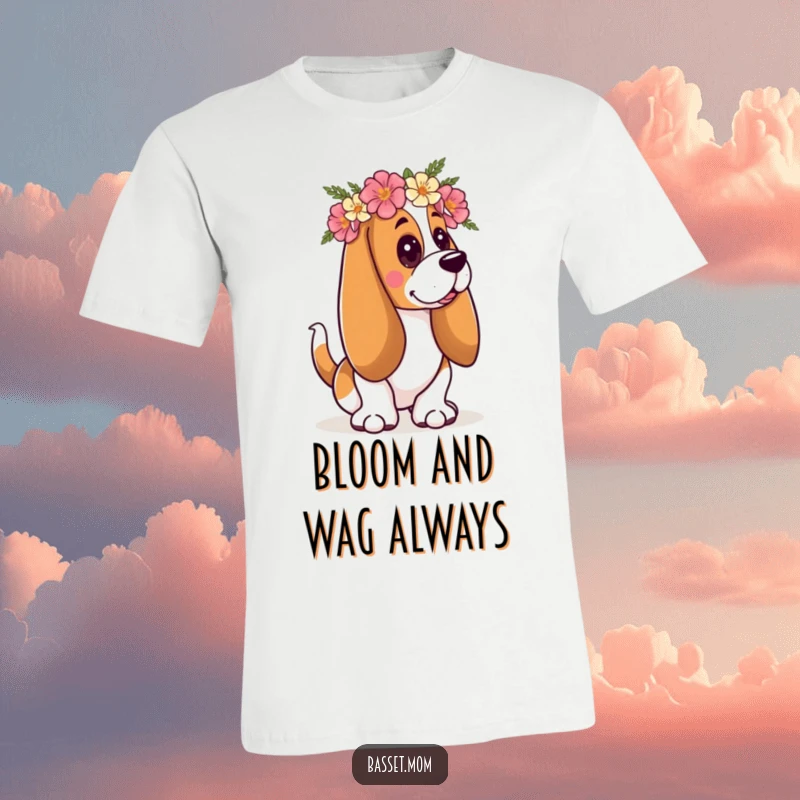 Funny Basset Hound t-shirt featuring a dog wearing a floral crown and happily wagging its tail, symbolizing pure bliss.