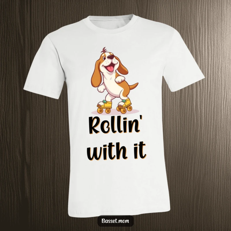 Funny Basset Hound gleefully wobbling on roller skates, capturing a moment of pure, uninhibited joy on this humorous t-shirt.