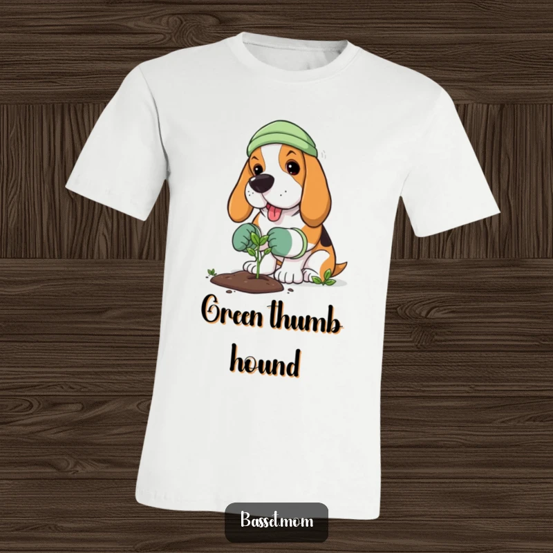 Funny Basset Hound t-shirt featuring a dog in gardening gloves planting a tiny sprout, perfect for outdoor enthusiasts.