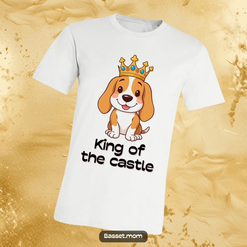 Funny royal Basset Hound t-shirt with a dog wearing a crown, posing regally with a smile, perfect for a touch of humor.