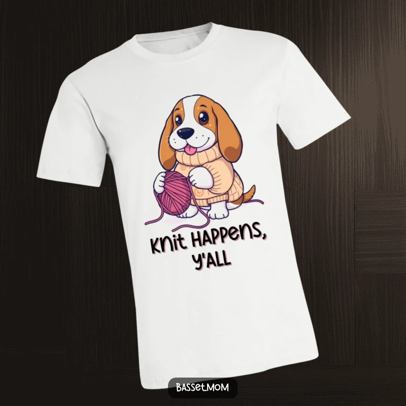 Funny Basset Hound wearing a knitting sweater, enthusiastically creating yarn, humorous animal shirt, gift for dog lovers.