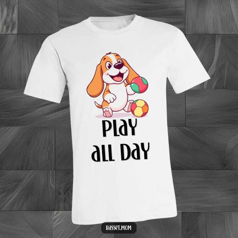 Funny Basset Hound t-shirt featuring a cheerful expression, energetically bouncing a colorful ball, showcasing playful canine spirit.