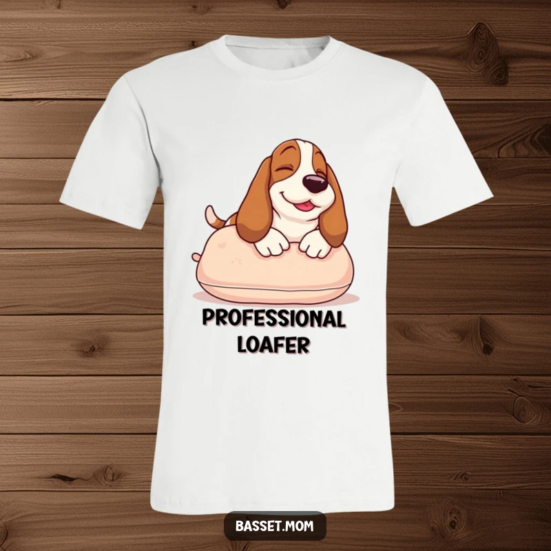 Funny Basset Hound t-shirt featuring a smiling dog sunbathing peacefully on a plush pillow, embodying ultimate comfort and leisure.