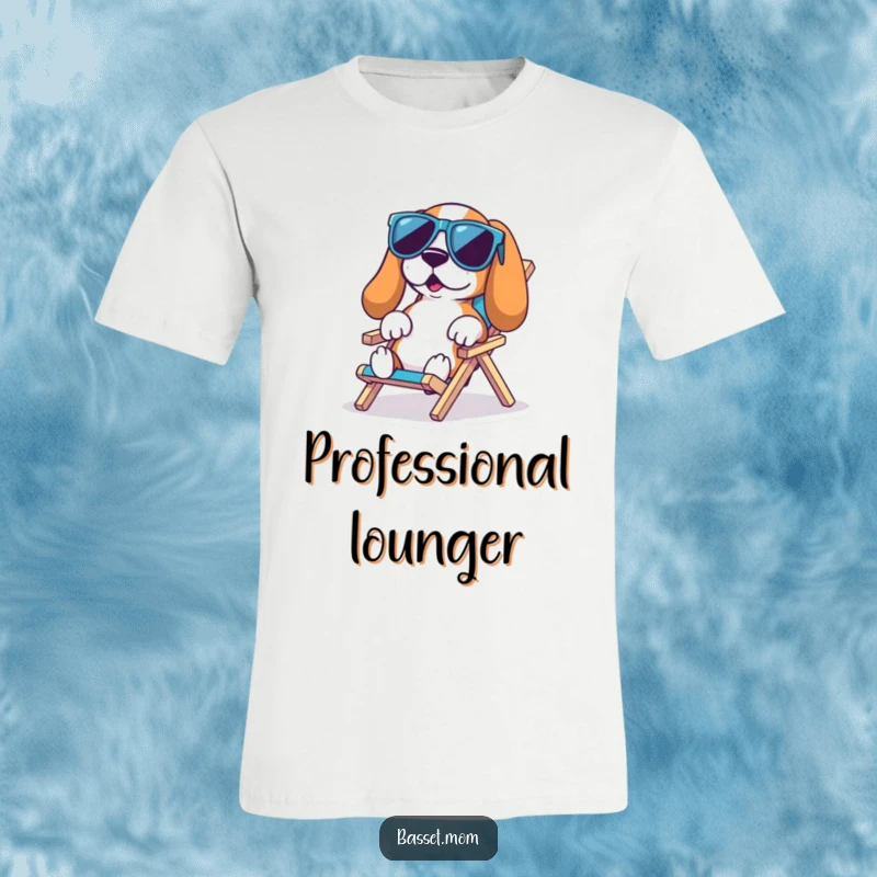 Funny Basset Hound Beach T-Shirt: A Basset hound in cool sunglasses lounges on a tiny beach chair, radiating chill, perfect funny gift.