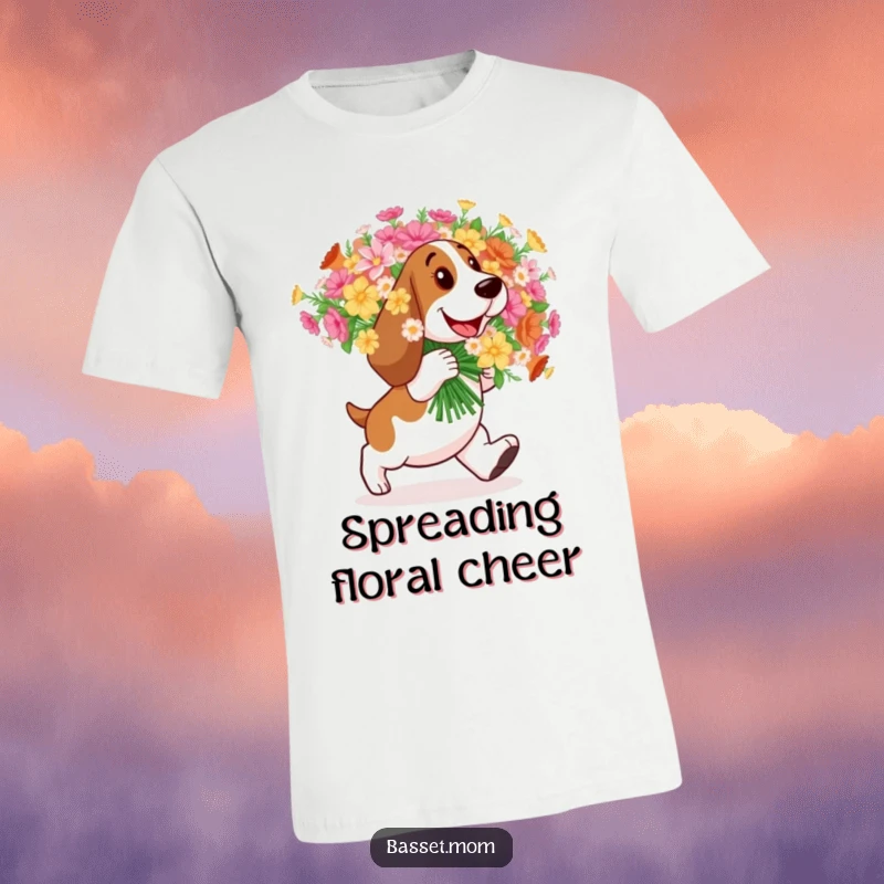 Funny Basset Hound t-shirt, a dog waddling happily while carrying a large bouquet of flowers.