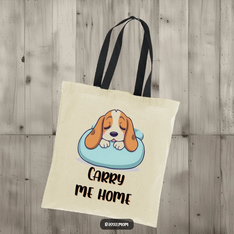Funny Basset Hound tote bag showing a sleepy dog snuggling into a giant cushion, a humorous accessory for carrying daily essentials.