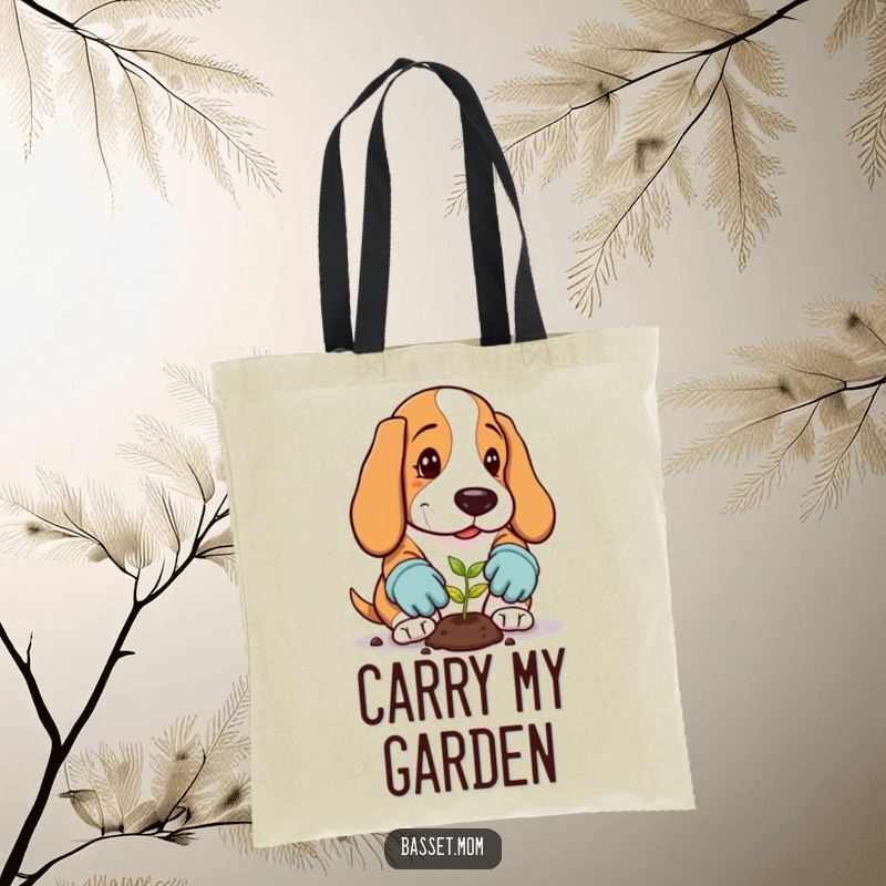 Funny Basset Hound Tote Bag: A dog in gloves plants a seed, perfect for garden supplies.
