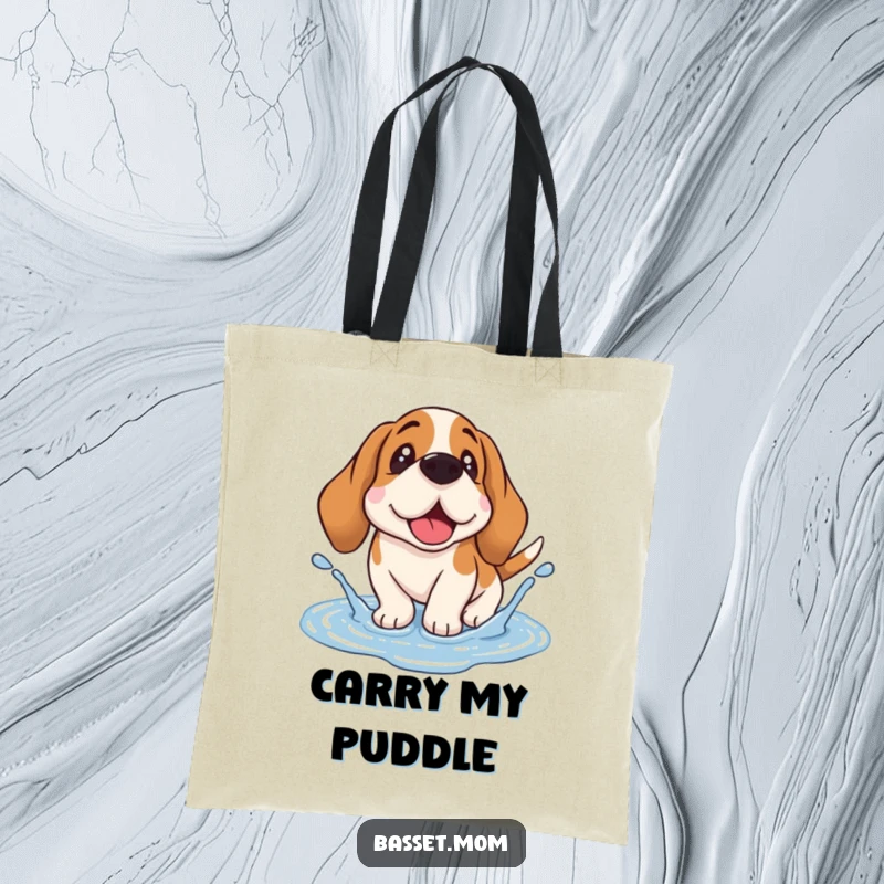 Funny Basset Hound tote bag with a droopy-eared dog cheerfully splashing in a puddle, ideal for carrying joy and essentials.