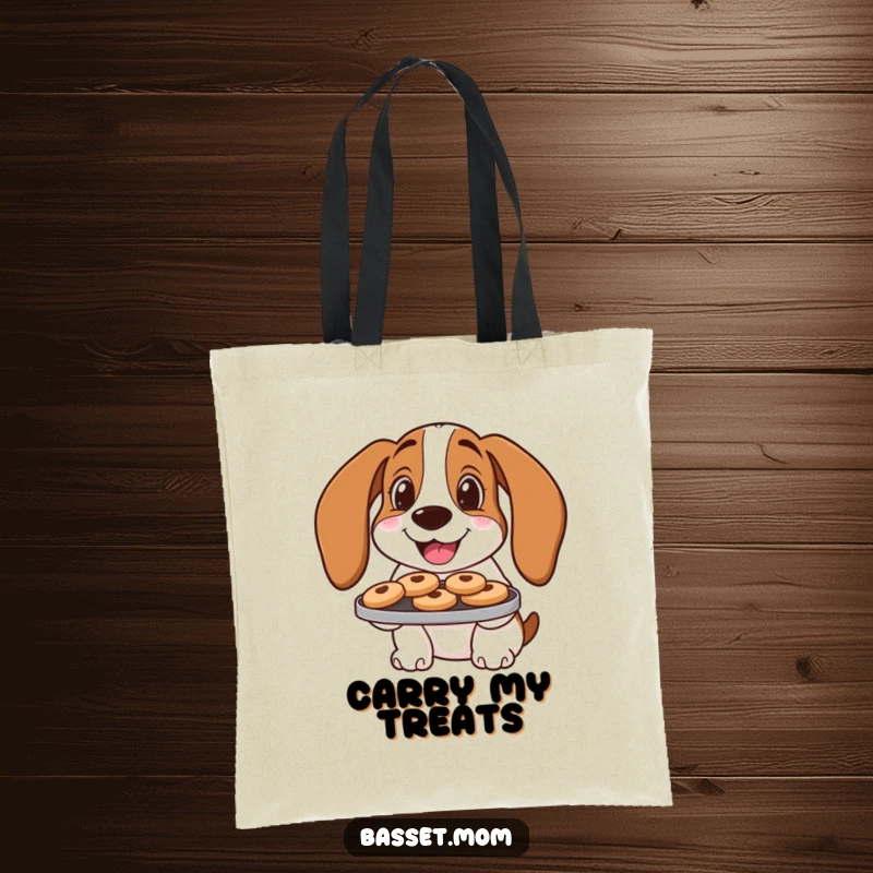Funny Basset Hound Tote Bag: A dog smiles holding cookies, perfect for carrying treats.