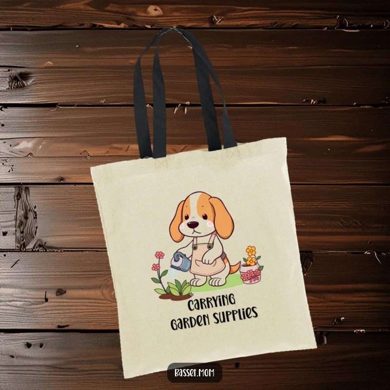 Funny Basset Hound tote bag showing a dog in a gardening apron watering a flower, ideal for carrying gardening supplies with humor.
