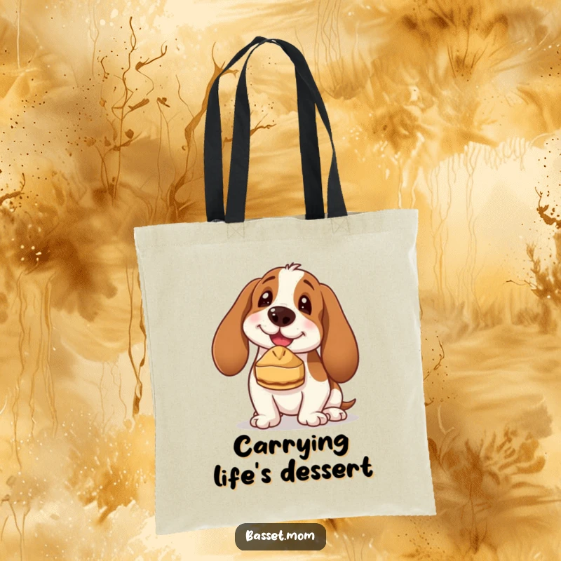 Funny Basset Hound tote bag showing a dog with droopy ears, focused on balancing a small pie on its nose, ready for an adventure.
