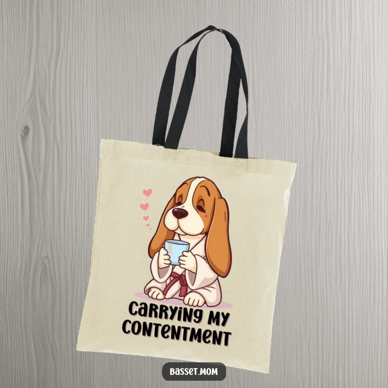Funny Basset Hound tote bag, a dog in a robe sipping tea, depicting a serene and humorous moment.