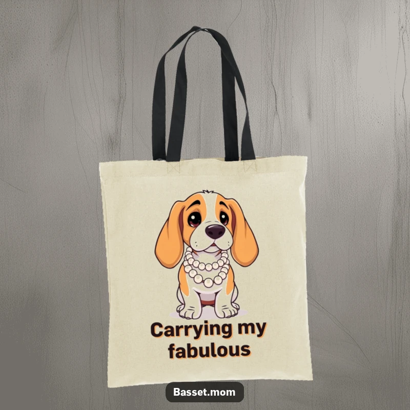 Funny Basset Hound tote bag, a dog with pearls striking a dramatic pose, ideal for carrying essentials stylishly.