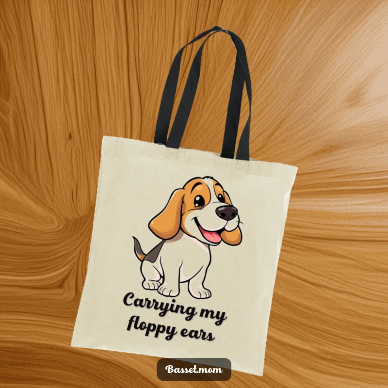 Funny Basset Hound tote bag showing a dog joyfully bouncing with its floppy ears flying, a comical and visually engaging design.