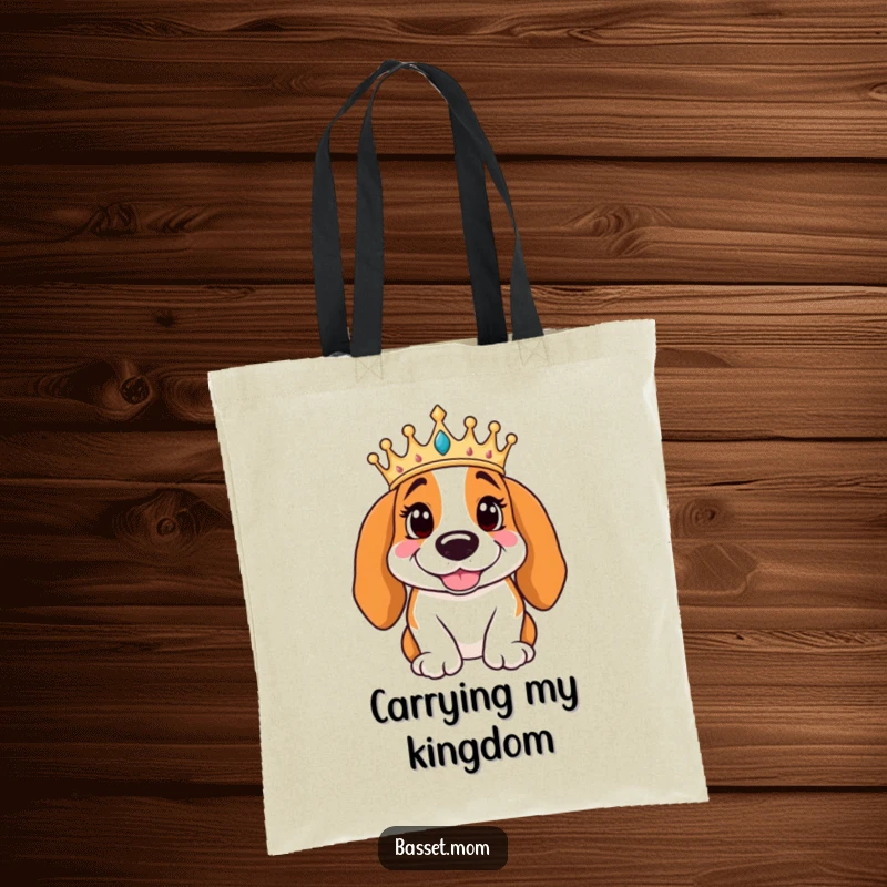 Funny Basset Hound wearing a crown poses regally with a smile, illustrated on a tote bag, a stylish and humorous royal accessory.