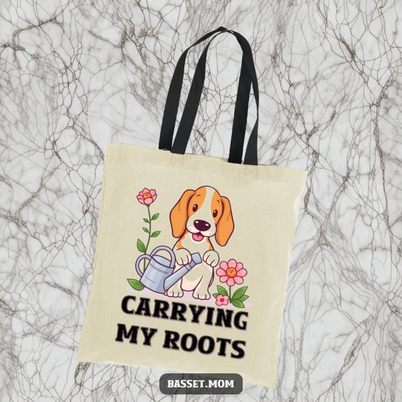 Funny Basset Hound tote bag, a dog with a tiny watering can, tending to a very large flower, practical and charming.