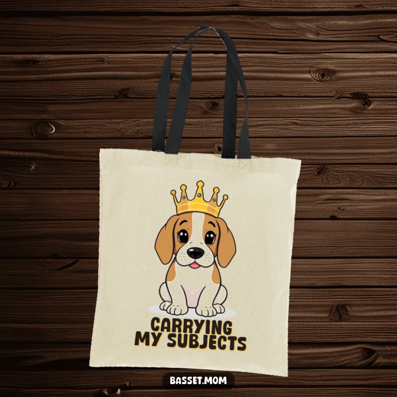 Funny Basset Hound with crown, surveying its kingdom, reusable shopping bag, humorous dog tote.