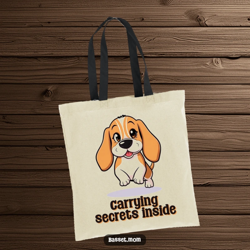 Funny Basset Hound Tote Bag: A sneaky dog tiptoeing with a wink, great for secret keepers.