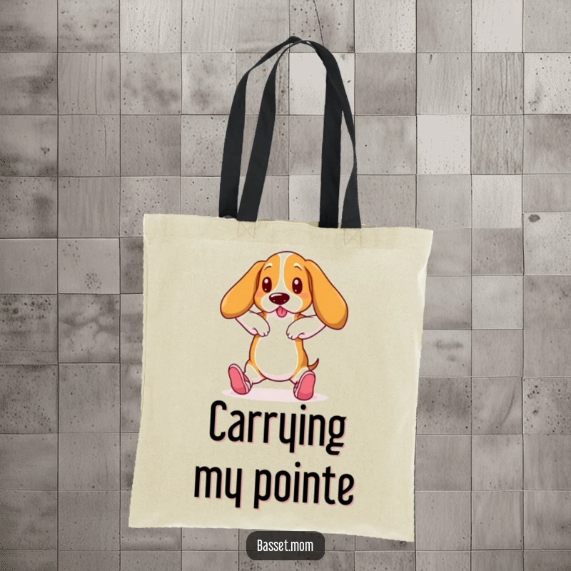 Funny Basset Hound in ballet slippers, dancing pose, reusable shopping bag, humorous dog tote.