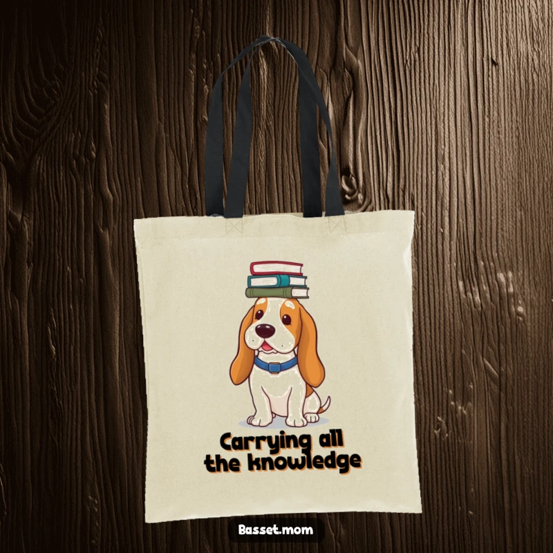 Funny Basset Hound tote bag, illustrated with a dog balancing a stack of books on its head, ready for errands.