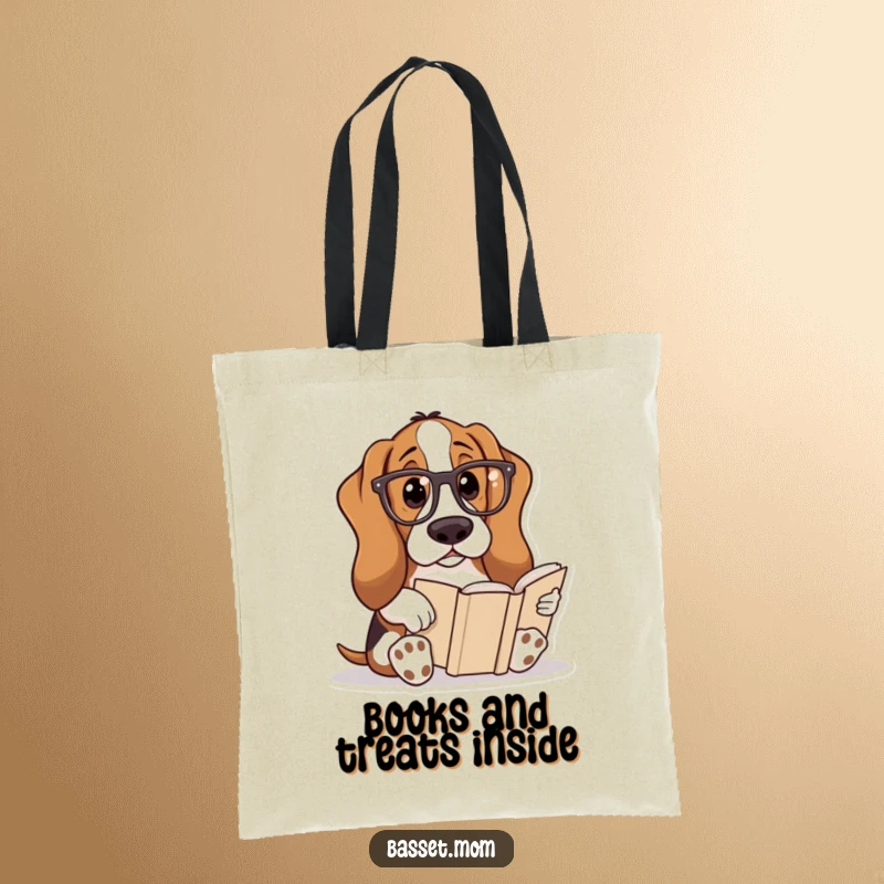 Funny Basset Hound tote bag featuring a dog wearing reading glasses and reading a book, ideal for carrying literary finds.