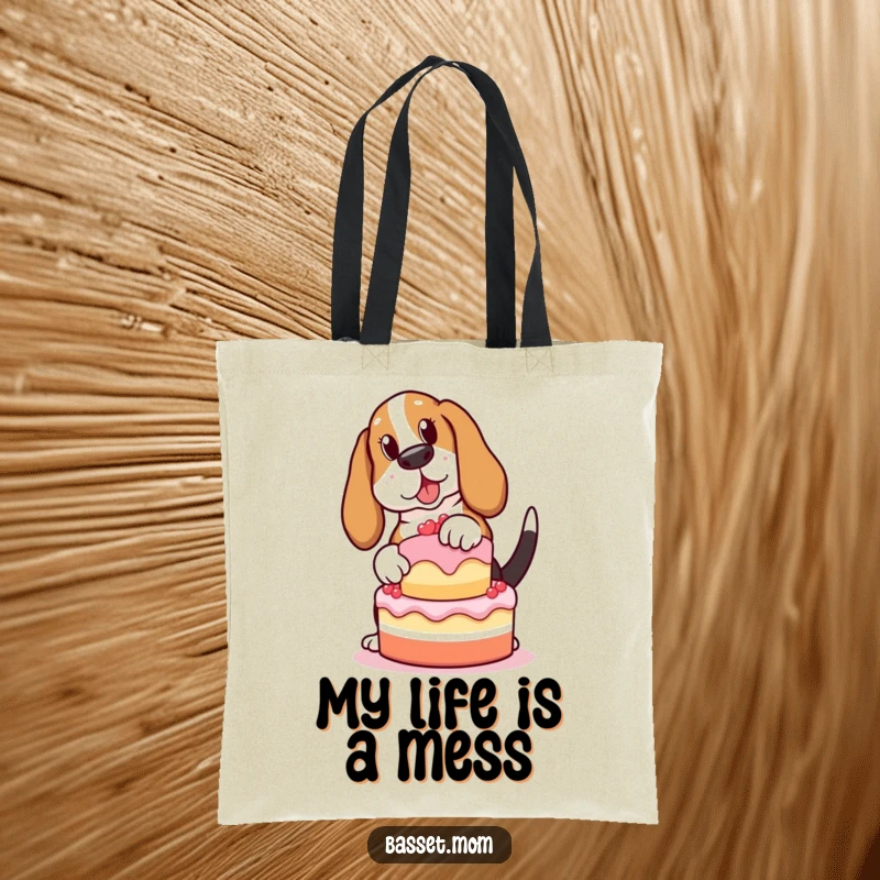 Funny Basset Hound tote bag, a dog trying to balance a cake with its tail wagging, a humorous and useful accessory.