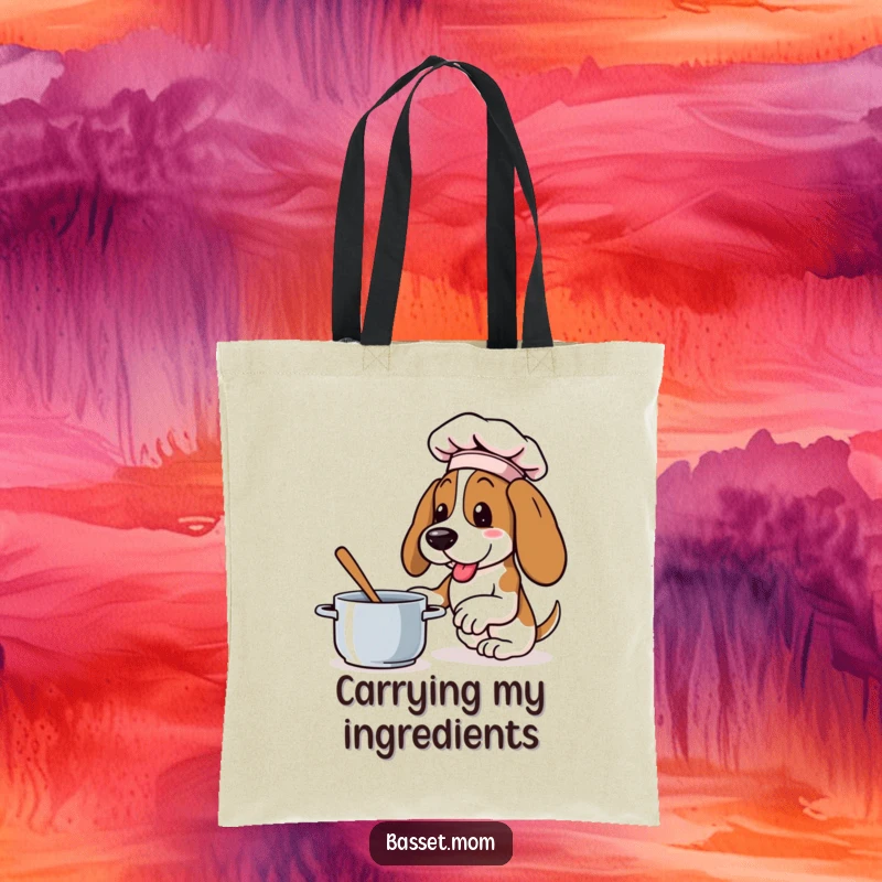 Funny Basset Hound tote bag with a dog wearing a chef hat, enthusiastically stirring a pot, ideal for groceries.
